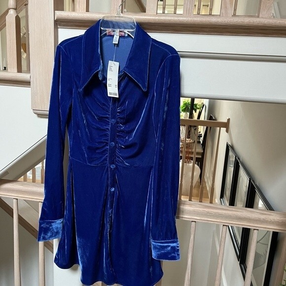 Urban Outfitters Uo Nellie Ruched Velvet Shirt Dress in Blue XS NWT - Picture 4 of 13